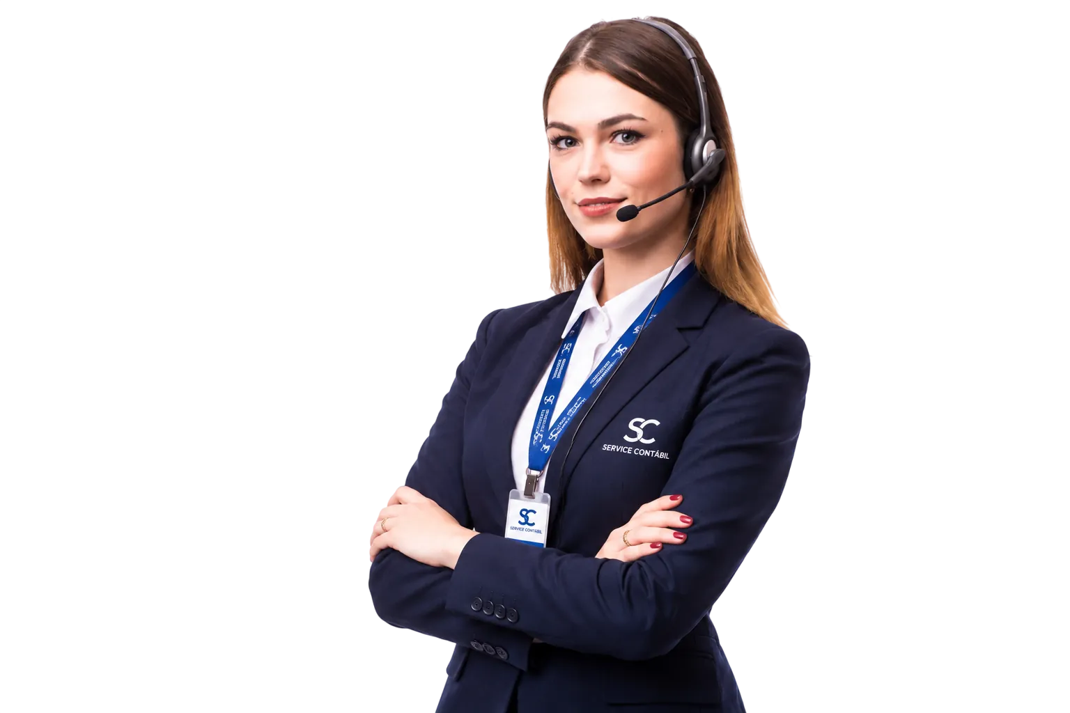 Atendente da Service Contábil com headset, pronta para atender